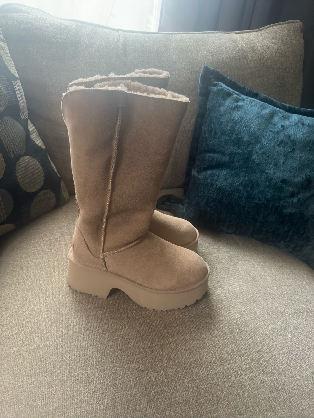 UGG Chestnut Suede Platform Shearling Mid-Calf Boots